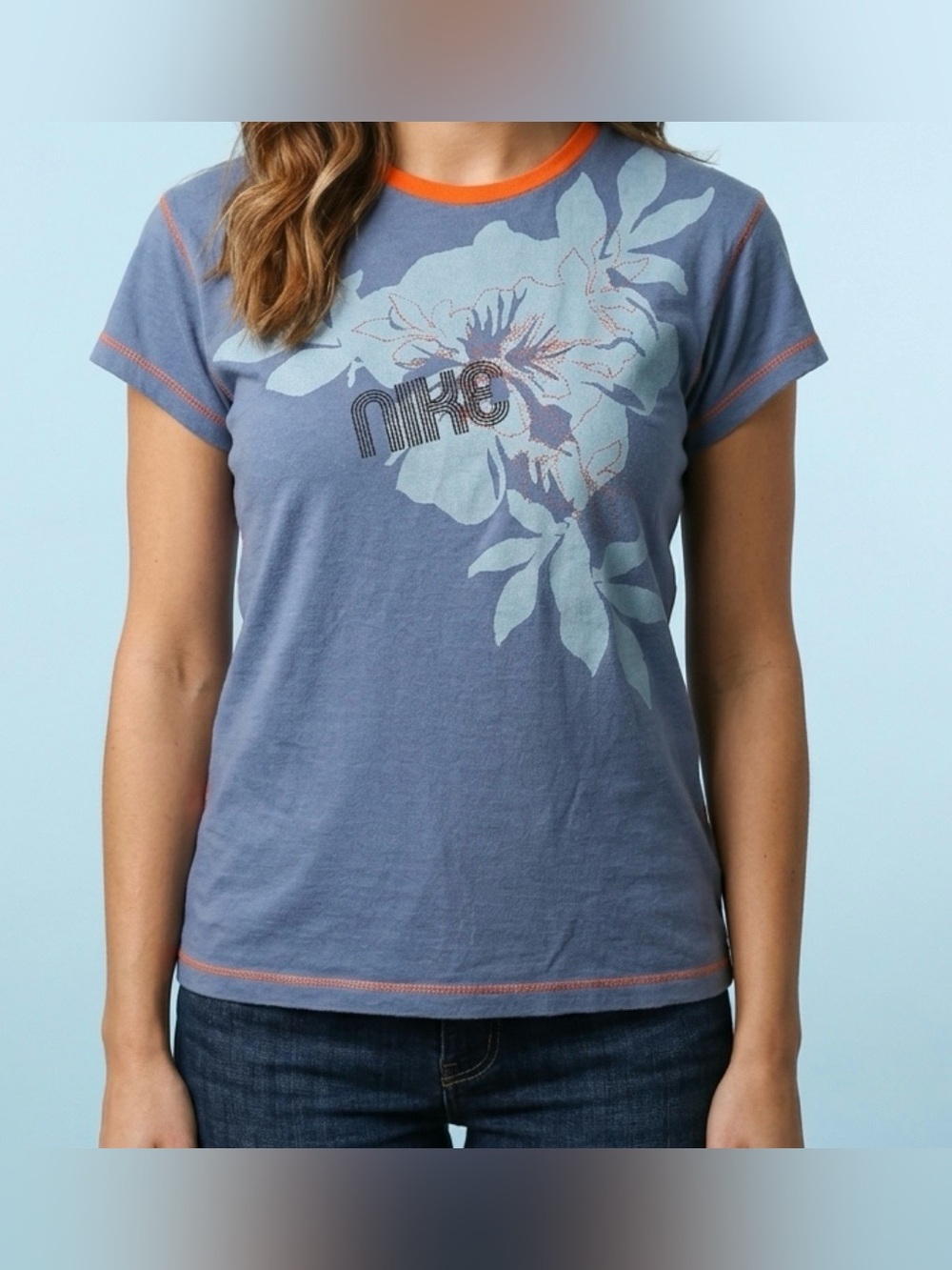 NIKE Women's Slate Blue Floral Tee with Orange Trim.  SIZE LARGE